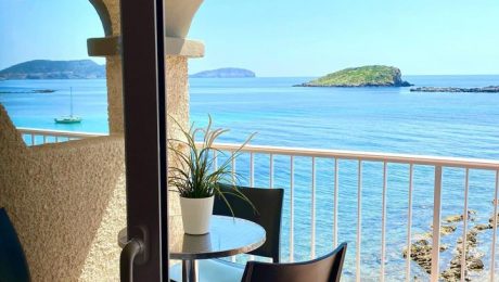 Sea view from a balcony at Zodiac Apartments in Es Canar, Ibiza